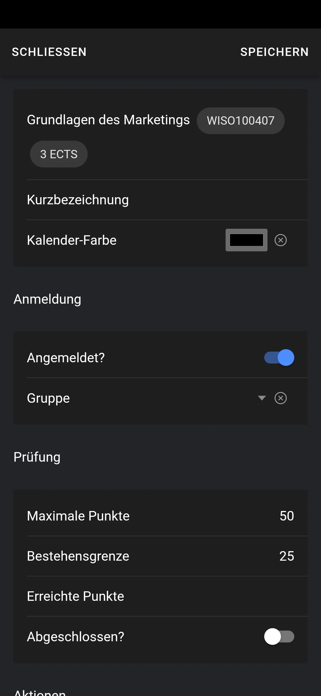 Lehrveranstaltungsdetails – Prüfungen & Noten