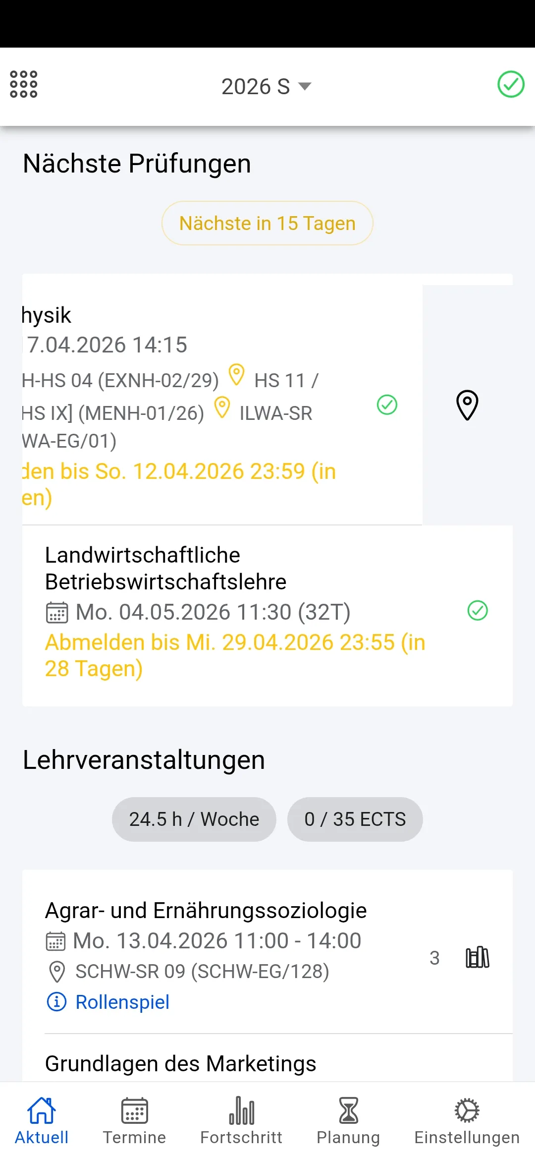 Startseite – Nächste Prüfungen auf einen Blick