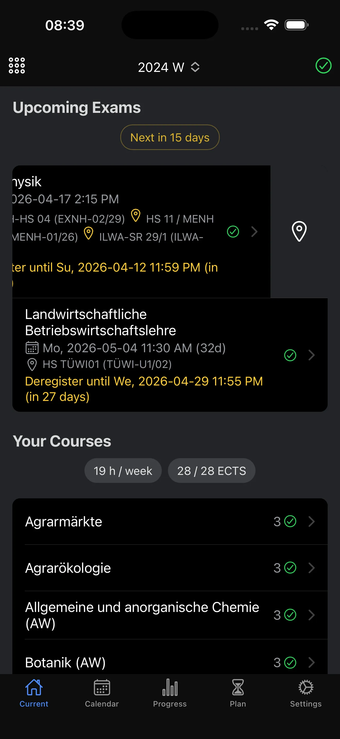 Start Page – Next Exams at a Glance